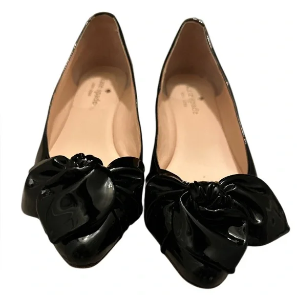KATE SPADE Black Patent Leather ~ Size 8 ~ Women’s Slip On Flat Shoes With Bow - Picture 4 of 14